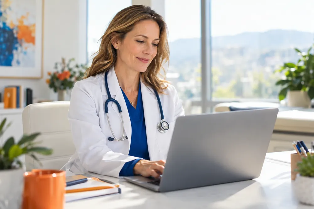 Licensed clinician reviewing a patient's information on a laptop