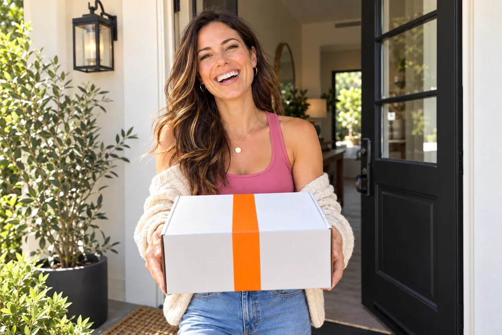 Woman holding her delivered package at her front door