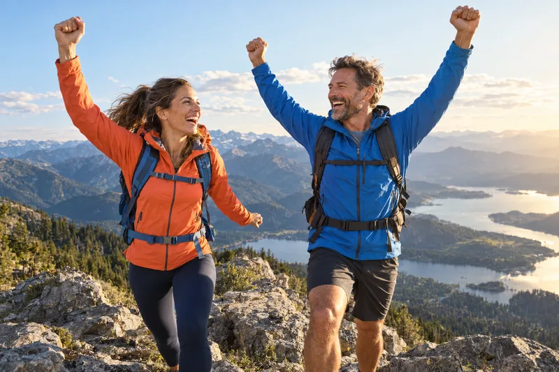 Couple reaching the top of a hike